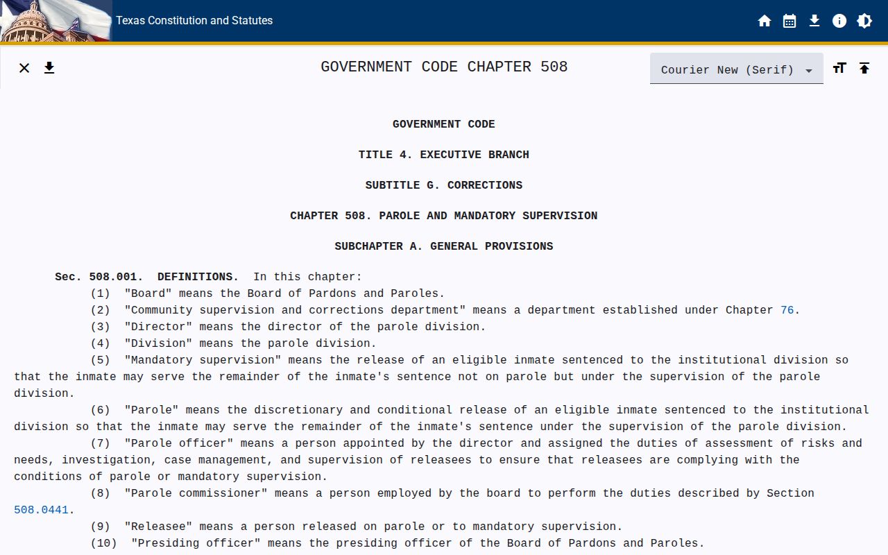 Harrison County projected release date Texas Chapter 508 rules